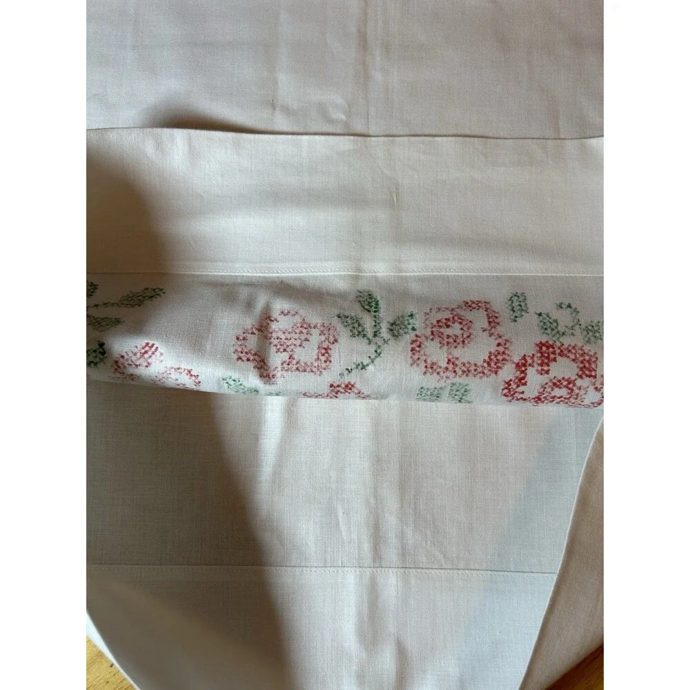 Vintage Cannon Muslin Pillowcases Pair Rose Bird Applique USA Cotton Set 2